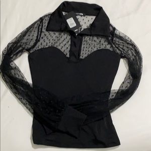 Black mesh polka dot top XS NWT!